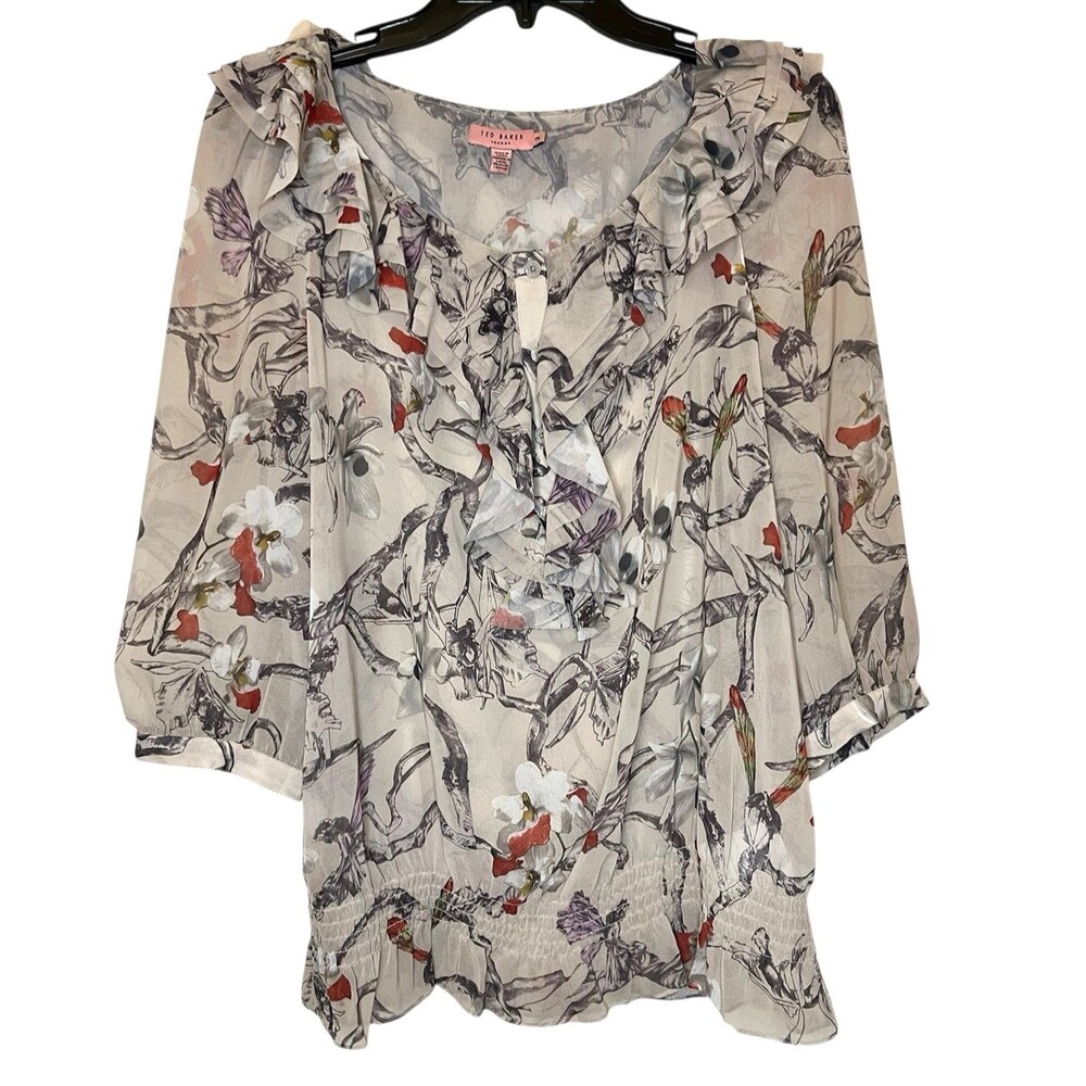 TED BAKER Cream Flower Fairy Print Ruffled Sheer Blouse Fairycore Size 3 (Med)
